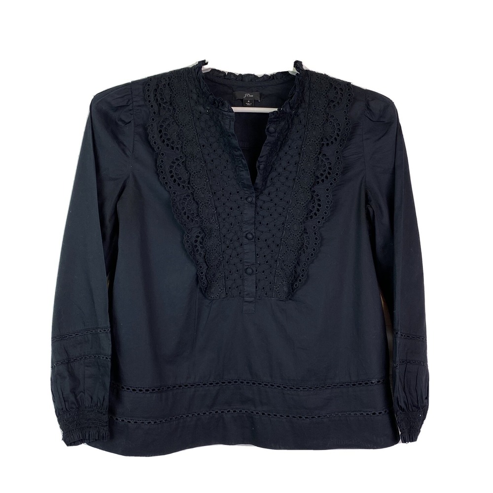 J.Crew Women Ruffle Neck Eyelet Top 4 Long Sleeve Black Button V-Neck Cotton‎